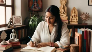 An artistic Indian woman writing in a journal, surrounded by books, art pieces, and spiritual symbols, with a calm, intellectual atmosphere.