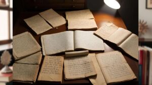 Old handwritten Hindi manuscripts and poems scattered on a wooden desk, with a soft spotlight revealing their forgotten beauty—symbolizing unsung poets and writers.