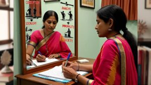 एक हिंदी लेखक दर्पण के सामने लिखता हुआ, जहाँ दर्पण में समाज की समस्याएँ—भ्रष्टाचार, अराजकता, अनैतिकता—दिख रही हों, और लेखक की कलम उन पर प्रतिक्रिया दे रही हो।